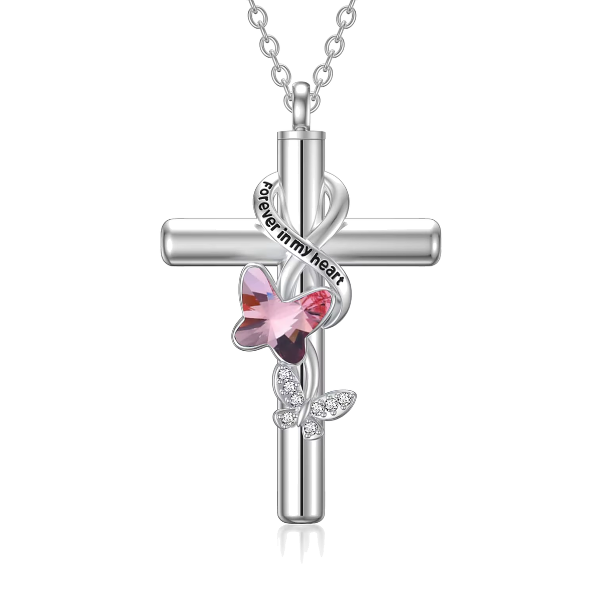 Sterling silver cross urn pendant with a pink crystal butterfly and Forever in my heart engraving
