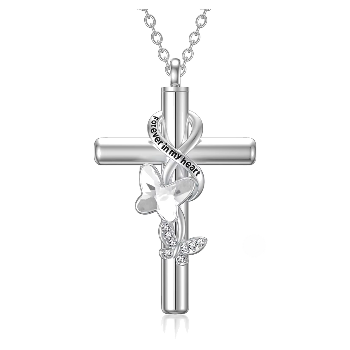 Sterling silver cross urn pendant with a clear crystal butterfly and Forever in my heart engraving