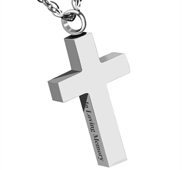 Polished stainless steel cross urn pendant engraved In Loving Memory along the edge