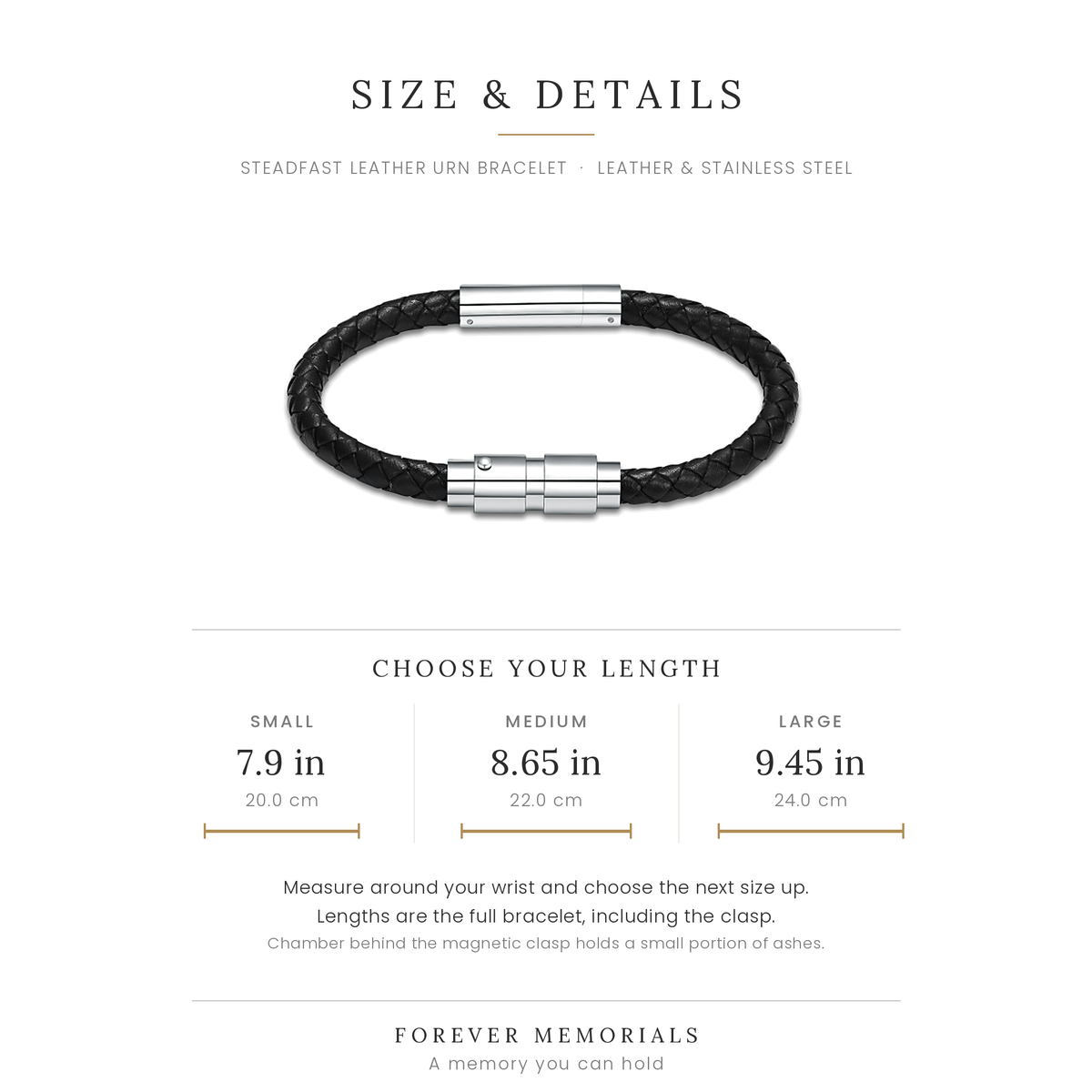 Size guide for the Steadfast leather urn bracelet in 7.9, 8.65 and 9.45 inch lengths