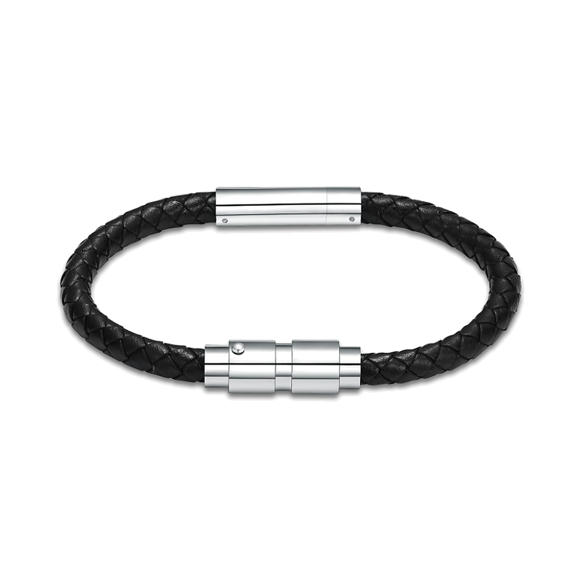 Braided black leather urn bracelet with a polished steel clasp and chamber