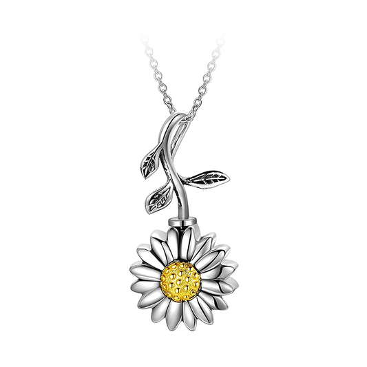 Sterling silver sunflower urn pendant with a gold-tone center on a cable chain