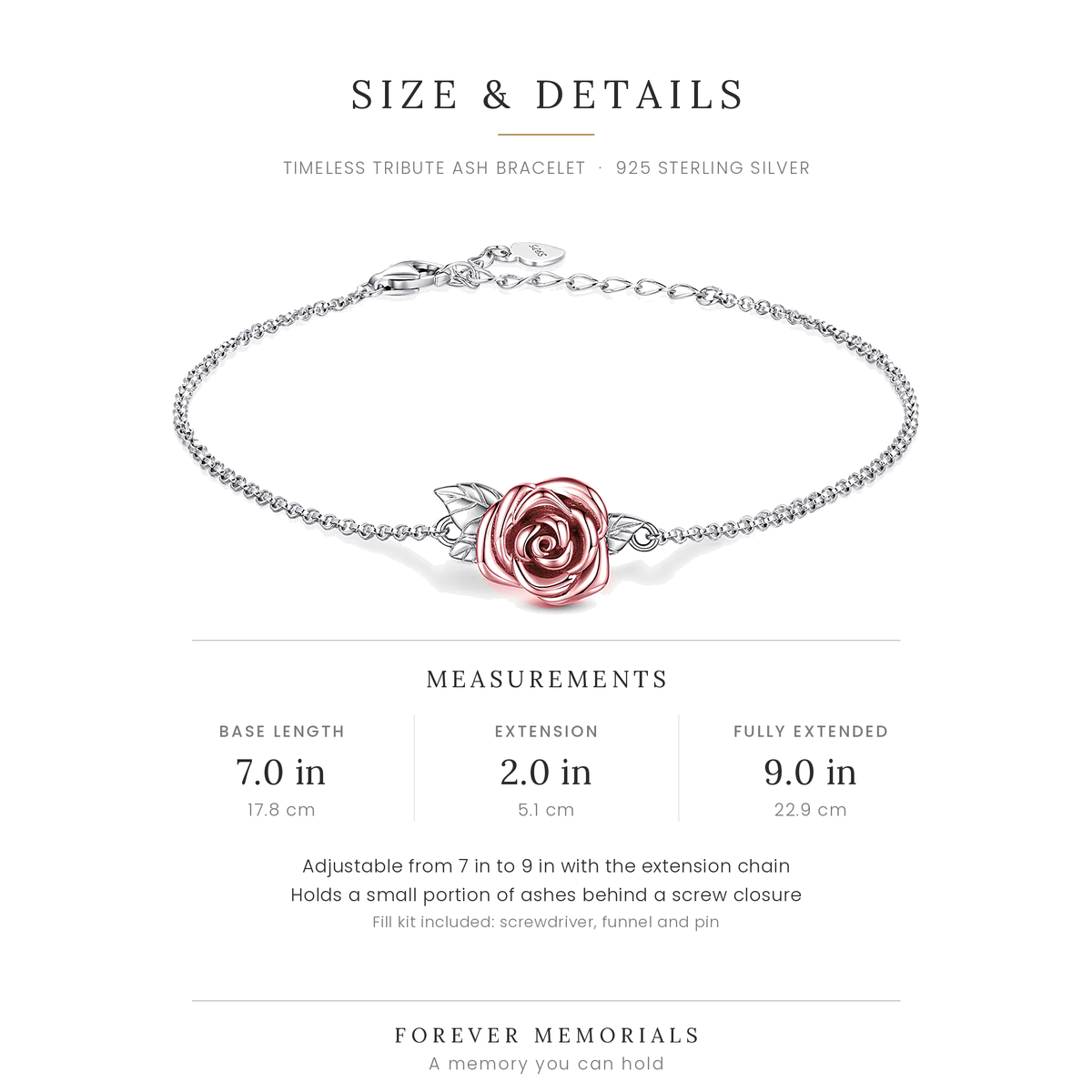 Size guide for the Timeless Tribute Ash Bracelet, 7 in with a 2 in extension chain