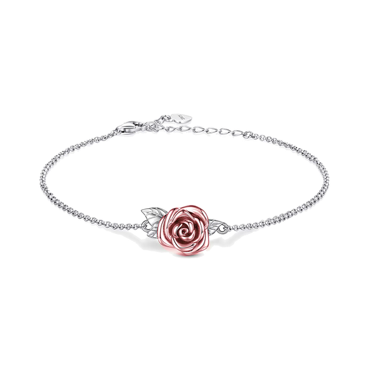 Sterling silver ash bracelet with a rose gold rose charm and silver leaves