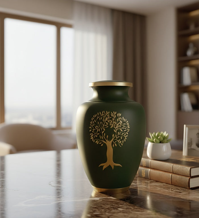 Tree of Life Forest Green Urn displayed on a marble desk in a warm modern living room — matte forest green adult cremation urn with hand-applied gold Tree of Life motif, gold lid trim and gold base feet beside stacked books and succulent plant
