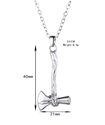 Silver stainless steel Viking axe cremation pendant necklace with size dimensions showing 40mm height and 21mm width, on a 50cm cable chain, weight 8.4g, white background