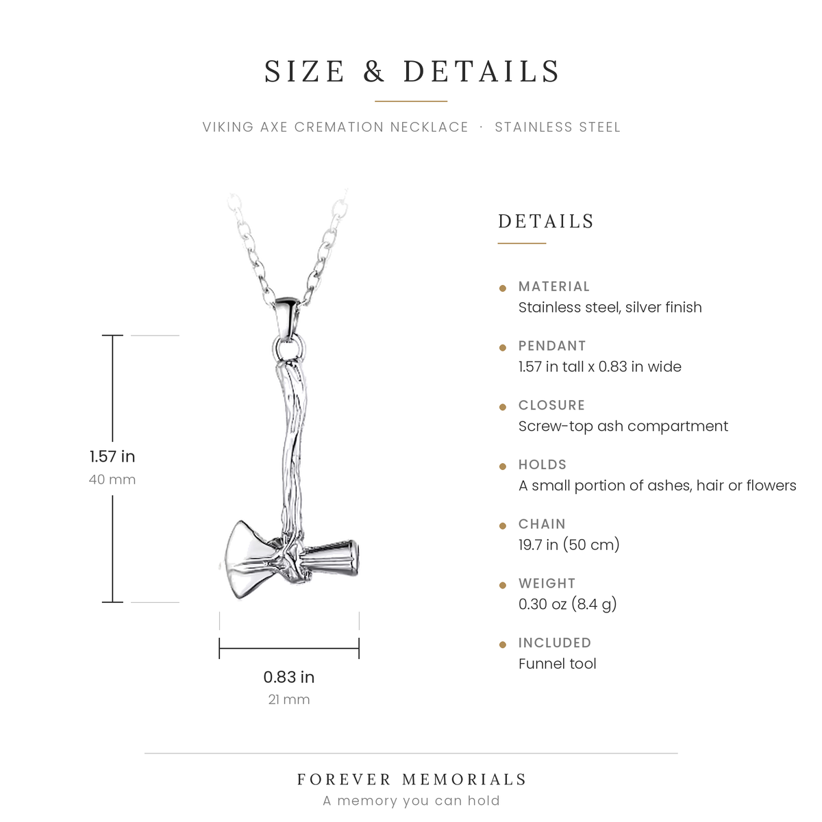 Size chart for the Viking Axe Cremation Necklace showing 1.57 in height and 0.83 in width